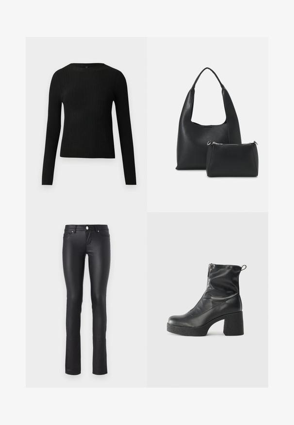 Černý žebrovaný dlouhý rukáv těsně padnoucí svetr s kulatým výstřihem, vystavený na jednoduchém světlém pozadí.; Černé skinny džíny z umělé kůže s hladkou texturou, středně vysokým pasem, pěti kapsami a stříbrnými akcenty.; Černé kotníkové boty vyrobené z hladké kůže, s bočním zipem, robustním strukturovaným podpatkem a kulatou špičkou.; Even&Odd Kabelka - black