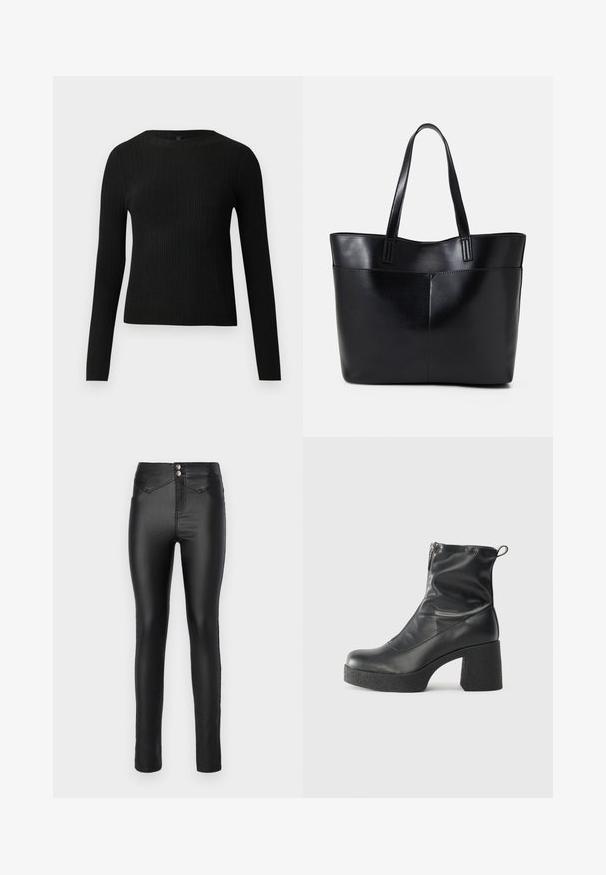 Črna rebrasta dolgosleeve prilegnjena pulover s krožnim ovratnikom, prikazan na enostavni svetli podlagi.; Črne, visokotakšne skinny kavbojke, izdelane iz gladkega, elastičnega materiala. Dva srebrna gumba na pasu in minimalni detajli šivanja.; Črne gležnjarje iz gladke kože z božnim zadrgo, masivnim teksturiranim peto in zaobljeno obliko prstov.; Črna usnjena torba z dvema dolgima ročajema, gladko teksturo in strukturirano obliko. Ima sprednji žep za dodatno shranjevanje.