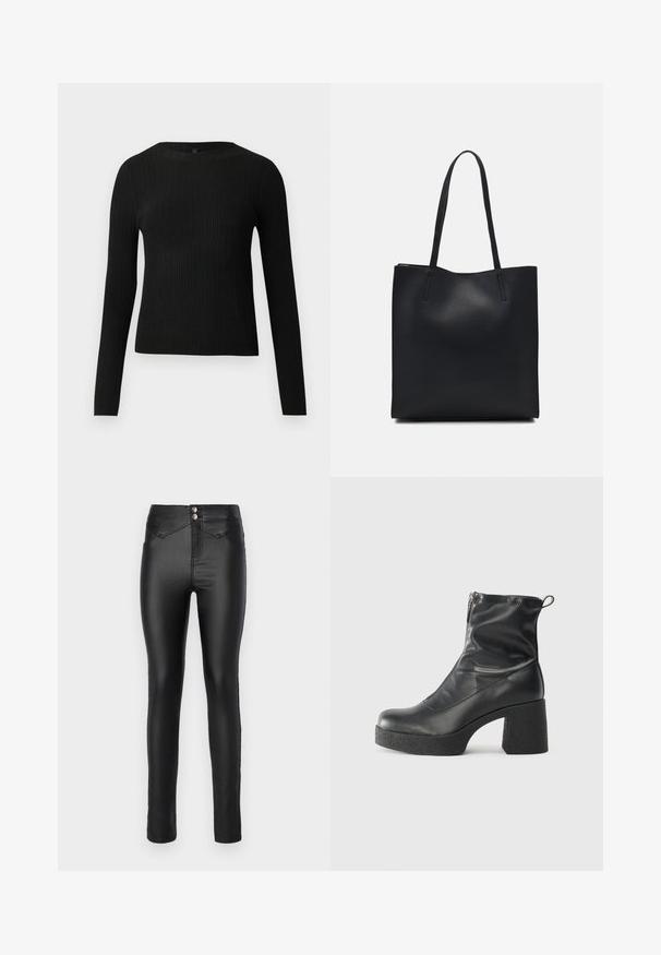 Schwarzer, gerippter, langärmliger, taillierter Pullover mit Rundhalskragen, vor einem schlichten, hellen Hintergrund präsentiert.; Schwarze, hoch geschnittene Skinny-Jeans aus einem glatten, dehnbaren Material. Zwei silberne Knöpfe an der Taille und minimale Nähdetails.; Schwarze Stiefeletten aus glattem Leder mit seitlichem Reißverschluss, klobigem strukturiertem Absatz und runder Zehenform.; Schwarze Laptoptasche aus Leder mit glatter Textur, rechteckiger Form und zwei langen Griffen. Keine sichtbaren Beschläge oder Verzierungen.
