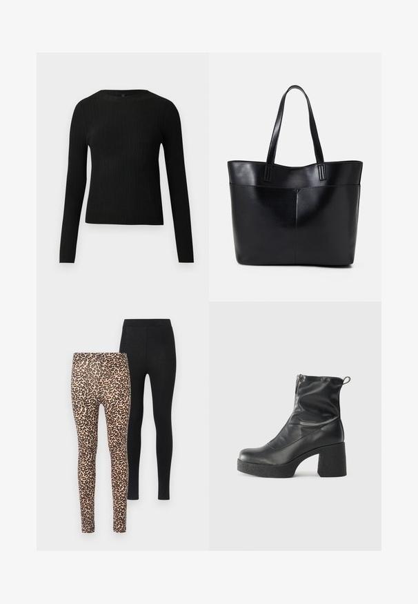 Mustat ribbitetut pitkähihaiset tiukat neuleet, joissa on pyöreä pääntie, esillä yksinkertaisella vaalealla taustalla.; Kaksi paria leggings: yksi vaaleanbeige taustalla musta leopardikuvio, toinen täysin musta. Molemmat ovat istuvia ja niissä on joustava vyötärö.; Mustat nilkkurit, jotka on valmistettu sileästä nahasta. Niissä on sivuvetoketju, paksu teksturoitu korko ja pyöristetty kärki.; Musta nahkainen kassi, jossa on kaksi pitkää kahvaa, sileä pinta ja jämäkkä muoto. Sisältää etutaskun lisävarastointia varten.