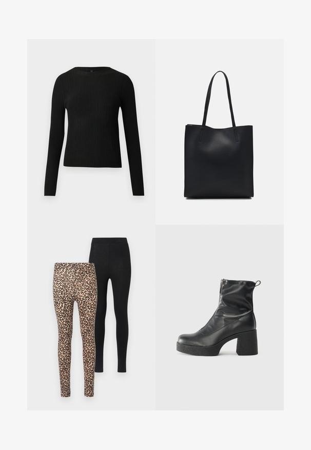 Mustmustriibuline must pikavarsiline sobiv sviiter ümmarguse kaelusega, esitatud helehallil taustal.; Kaks paari legginsit: üks beeži taustaga musta leopardimustriga, teine täiesti must. Mõlemad on sobiva lõikega ja elastse vöökoha ning disain.; Mustad mustad ansapüksid, mis on valmistatud siledast nahast, külje zipperiga, paksu tekstuuriga kontsaga ja ümmarguse nina disainiga.; Mustast nahast kott sujuva tekstuuriga, ristkülikukujuline ja kahe pika sangaga. Pole nähtavat riistvara ega kaunistusi.