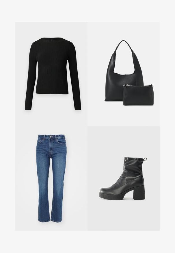 Suéter preto de mangas compridas com textura canelada, justo ao corpo, com um decote redondo, exibido contra um fundo claro e liso.; Jeans de ganga azul escuro com um design de perna reta, cintura alta, estilo de cinco bolsos e um clássico fecho de botão e zíper.; Botas de tornozelo pretas feitas de couro liso, com fecho lateral, salto grosso texturizado e design de bico arredondado.; Even&Odd Mala de mão - black
