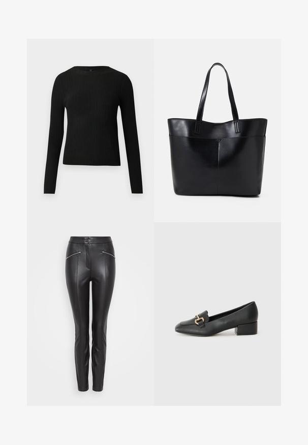 Crni rebrasti dugouhasti pripijeni pulover s okruglim izrezom, prikazan na jednostavnoj svijetloj pozadini.; Crne kožne hlače uskog kroja, s vertikalnim šavovima, zatvorenim džepom s patentnim zatvaračem s obje strane i kopčanjem na dugme u struku.; Crne kožne mokasine s ravnim potplatom, s dekorativnim zlatnim detaljem sprijeda i glatkom teksturom.; Crna kožna torba s dugim ručkama, glatkom teksturom i strukturiranim oblikom. Ima prednju džep za dodatno pohranu.