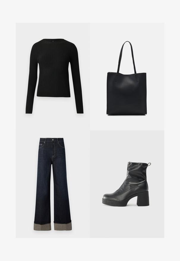 Mustmustriibuline must pikavarsiline sobiv sviiter ümmarguse kaelusega, esitatud helehallil taustal.; Tumedad sinised kõrge vöökohaga laiad teksad toore äärisega, pruunide õmblustega ja volditud äärisega, mis paljastab kontrastset kangast.; Mustad mustad ansapüksid, mis on valmistatud siledast nahast, külje zipperiga, paksu tekstuuriga kontsaga ja ümmarguse nina disainiga.; Mustast nahast kott sujuva tekstuuriga, ristkülikukujuline ja kahe pika sangaga. Pole nähtavat riistvara ega kaunistusi.