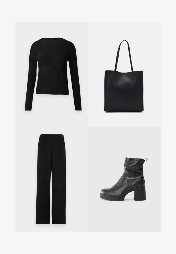 Black ribbed long-sleeve fitted sweater with a round neckline, displayed against a plain light background.; Black wide-leg trousers featuring a flat front, two buttons at the waist, and a smooth fabric texture. Tailored fit with pleats for shape.; Black ankle boots made of smooth leather, featuring a side zipper, chunky textured heel, and rounded toe design.; Black leather tote bag with smooth texture, rectangular shape, and two long handles. No visible hardware or embellishments.