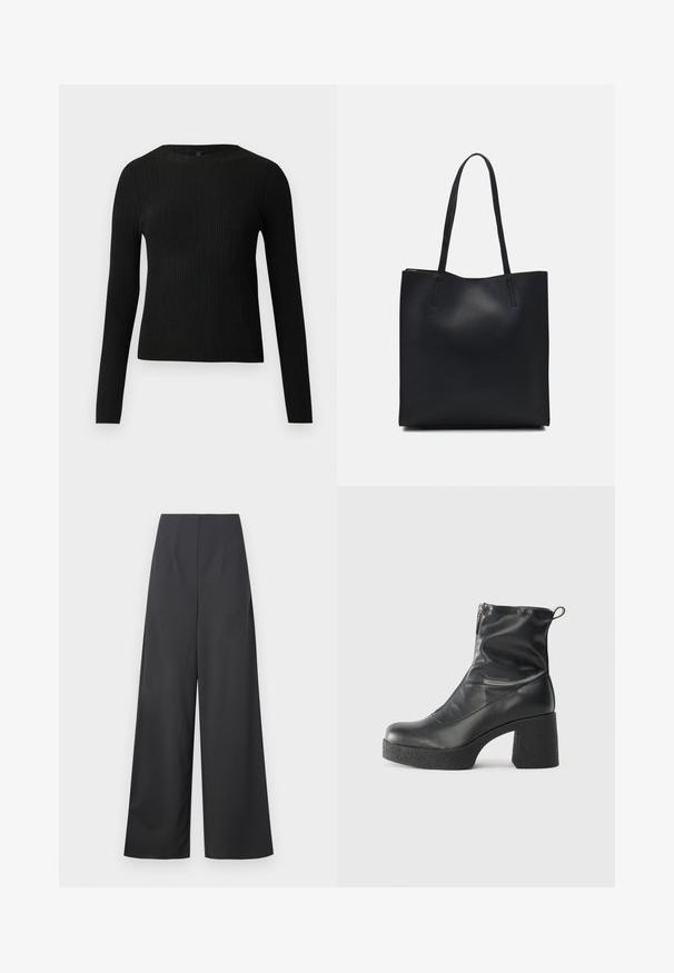 Black ribbed long-sleeve fitted sweater with a round neckline, displayed against a plain light background.; High-waisted, wide-leg trousers in dark gray fabric with a smooth texture. Features no visible pockets or embellishments.; Black ankle boots made of smooth leather, featuring a side zipper, chunky textured heel, and rounded toe design.; Black leather tote bag with smooth texture, rectangular shape, and two long handles. No visible hardware or embellishments.