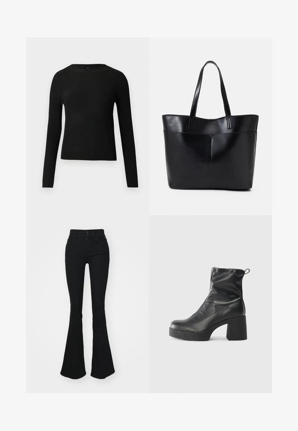 Crni rebrasti dugouhasti pripijeni pulover s okruglim izrezom, prikazan na jednostavnoj svijetloj pozadini.; Crne traperice s flared krojem i visokim strukom, s dva prednja gumba i patentnim zatvaračem. Izrađene od mekog traper materijala glatke teksture.; Crne gležnjače od glatke kože, s bočnim zatvaračem, debelim teksturiranim potplatom i dizajnom s zaobljenim prstima.; Crna kožna torba s dugim ručkama, glatkom teksturom i strukturiranim oblikom. Ima prednju džep za dodatno pohranu.