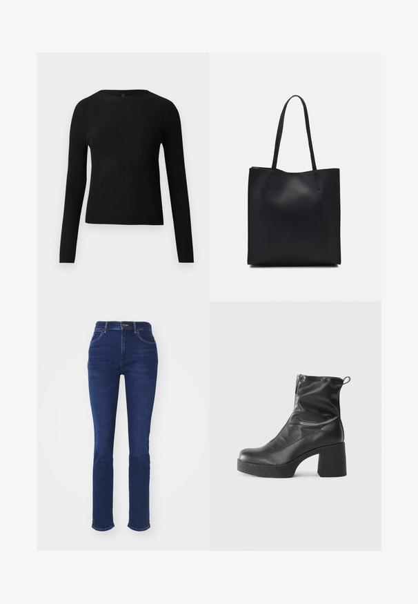 Crni rebrasti dugouhasti pripijeni pulover s okruglim izrezom, prikazan na jednostavnoj svijetloj pozadini.; Tamno plavi traperice, visokog struka s uskim krojem. Ima prednje džepove i kopčanje na dugme. Rub je blago iznošen.; Crne gležnjače od glatke kože, s bočnim zatvaračem, debelim teksturiranim potplatom i dizajnom s zaobljenim prstima.; Crna kožna torba za nošenje s glatkom teksturom, pravokutnim oblikom i dvije duge ručke. Nema vidljivih metalnih dijelova ili ukrasa.