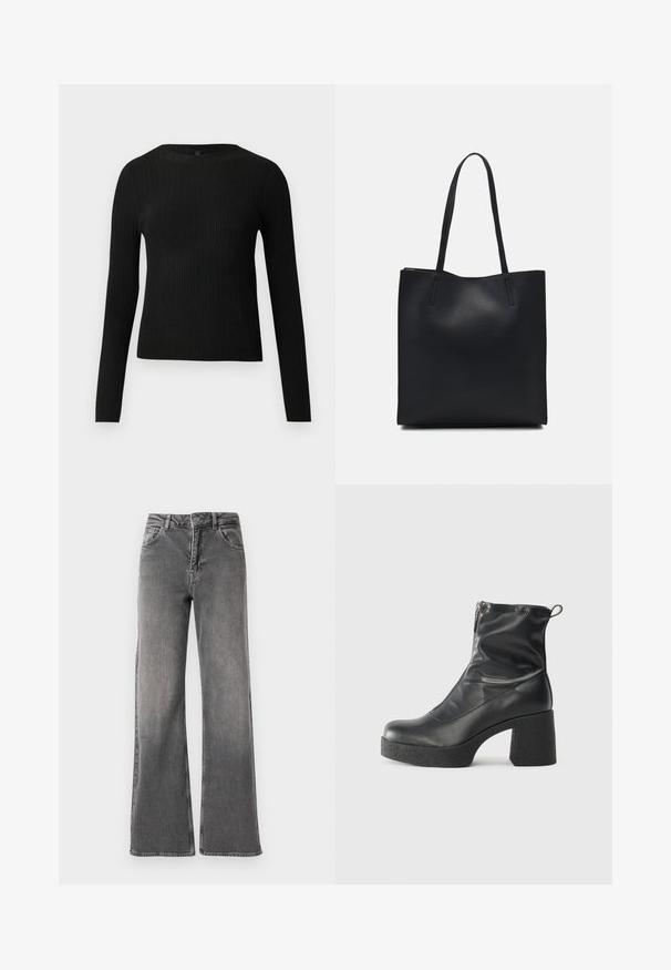 Fekete bordázott, hosszú ujjas, testhez simuló pulóver kerek nyakkivágással, világos, egyszínű háttér előtt kiemelve.; Sötét szürke denim széles lábú farmer, magas derékkal, öt zsebbel és minimális kopással. Fém gombos és cipzáras záródás.; Fekete bokacsizmák sima bőrből, oldalsó cipzárral, vastag, texturált sarkú és lekerekített orrú dizájnnal.; Fekete bőrtáska sima felszínnel, téglalap alakú, két hosszú füllel. Nincs látható fémkiegészítő vagy díszítés.