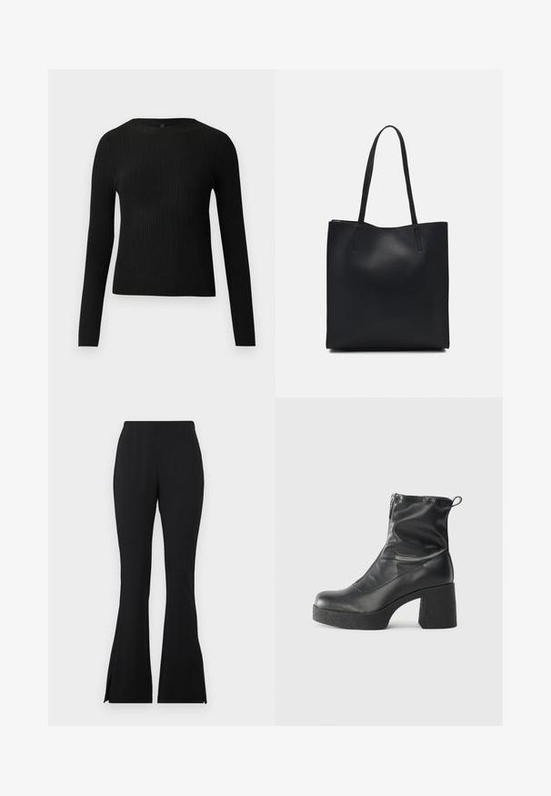 Black ribbed long-sleeve fitted sweater with a round neckline, displayed against a plain light background.; Black flared pants made from a smooth, stretch material. Features side slits at the hem for added detail. Classic design and versatile fit.; Black ankle boots made of smooth leather, featuring a side zipper, chunky textured heel, and rounded toe design.; Black leather tote bag with smooth texture, rectangular shape, and two long handles. No visible hardware or embellishments.