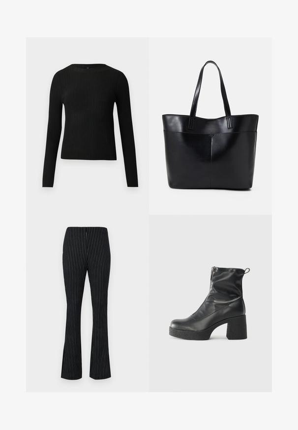 Čierny rebrovaný pulóver s dlhým rukávom, priliehajúci, s okrúhlym výstrihom, vystavený na jednoduchom svetlom pozadí.; Čierne rozšírené nohavice s bielymi vertikálnymi prúžkami, s elastickým pásom a hladkým, textúrovaným povrchom látky.; Čierne členkové topánky z hladkej kože, so bočným zipsom, robustnou textúrovanou pätnou časťou a zaobleným dizajnom špičky.; Čierna kožená tote taška s dvoma dlhými rúčkami, hladkým povrchom a štruktúrovaným tvarom. Obsahuje prednú kapsu pre dodatočné uskladnenie.