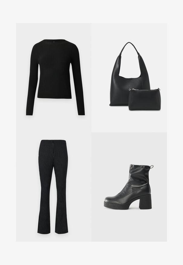 Crni rebrasti dugouhasti pripijeni pulover s okruglim izrezom, prikazan na jednostavnoj svijetloj pozadini.; Crne široke hlače s bijelim vertikalnim prugama, s elastičnom trakom u struku i glatkom, teksturiranom završnom obradom.; Crne gležnjače od glatke kože, s bočnim zatvaračem, debelim teksturiranim potplatom i dizajnom s zaobljenim prstima.; Even&Odd Ručna torba - black