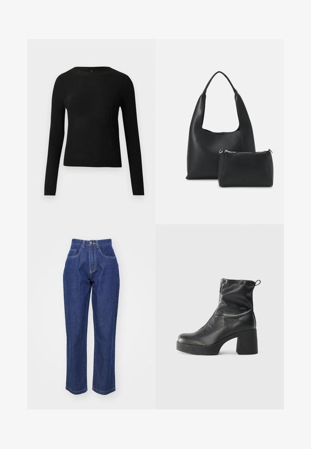 Suéter preto de mangas compridas com textura canelada, justo ao corpo, com um decote redondo, exibido contra um fundo claro e liso.; Jeans de ganga azul escuro com cintura alta, perna reta, cinco bolsos e costura em contraste. Design clássico com uma textura suave.; Botas de tornozelo pretas feitas de couro liso, com fecho lateral, salto grosso texturizado e design de bico arredondado.; Even&Odd Mala de mão - black