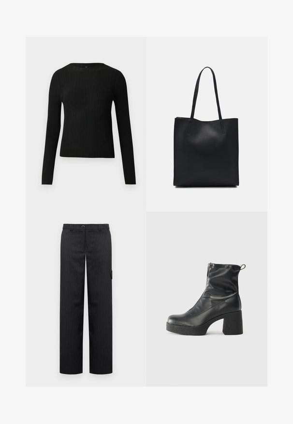 Mustat ribbitetut pitkähihaiset tiukat neuleet, joissa on pyöreä pääntie, esillä yksinkertaisella vaalealla taustalla.; Mustat pinstripe-housut suoranlahkeisella muotoilulla, joissa on nappikiinnitys ja sivutasku, valmistettu sileästä kankaasta.; Mustat nilkkurit, jotka on valmistettu sileästä nahasta. Niissä on sivuvetoketju, paksu teksturoitu korko ja pyöristetty kärki.; Mustapahkainen kangaskassi, jossa on sileä pinta, suorakaiteen muotoinen ja kaksi pitkää kahvaa. Ei näkyvää metalliosaa tai koristeita.