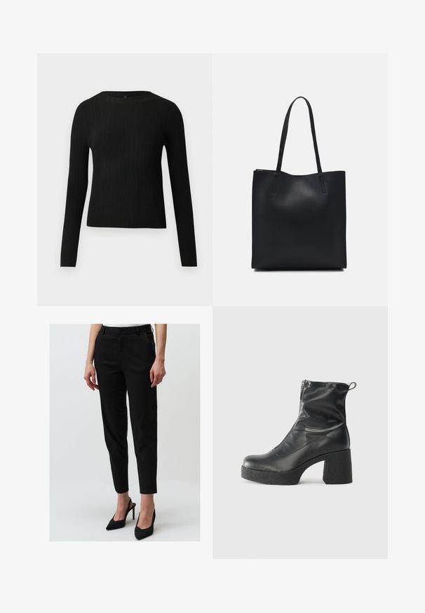 Black ribbed long-sleeve fitted sweater with a round neckline, displayed against a plain light background.; Black tapered trousers made of cotton, featuring front pockets, a button closure, and a smooth texture, paired with pointed black heels.; Black ankle boots made of smooth leather, featuring a side zipper, chunky textured heel, and rounded toe design.; Black leather tote bag with smooth texture, rectangular shape, and two long handles. No visible hardware or embellishments.