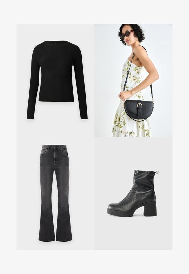 Suéter preto de mangas compridas com textura canelada, justo ao corpo, com um decote redondo, exibido contra um fundo claro e liso.; Jeans pretos a boca de sino com cintura alta, detalhes de costura e cinco bolsos. O tecido tem uma textura suave com um acabamento desbotado.; Botas de tornozelo pretas feitas de couro liso, com fecho lateral, salto grosso texturizado e design de bico arredondado.; Bolsa de couro preta com forma curva, alça destacável e detalhes em dourado. A bolsa possui uma aba com detalhe de fivela.