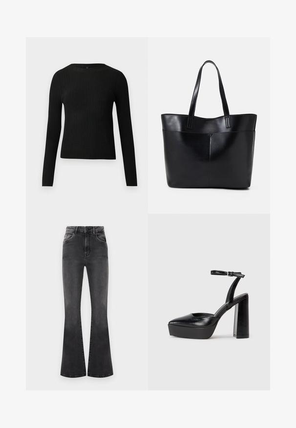 Mustmustriibuline must pikavarsiline sobiv sviiter ümmarguse kaelusega, esitatud helehallil taustal.; Mustad flared teksad, millel on kõrge vöökoht, õmbluse detailid ja viis taskut. Kanga tekstuur on sile ning sellel on kulunud viimistlus.; Mustad platvormi kontsad terava ninaga ja reguleeritava pahkluuraamiga. Valmistatud siledast nahast, funktsioneerib massiivse plokknäheeliga.; Must mustaga musta nahast, millel on kaks pikka kanda, sile tekstuur ja struktureeritud kuju. Esipoolsel on lisakoti jaoks tasku.