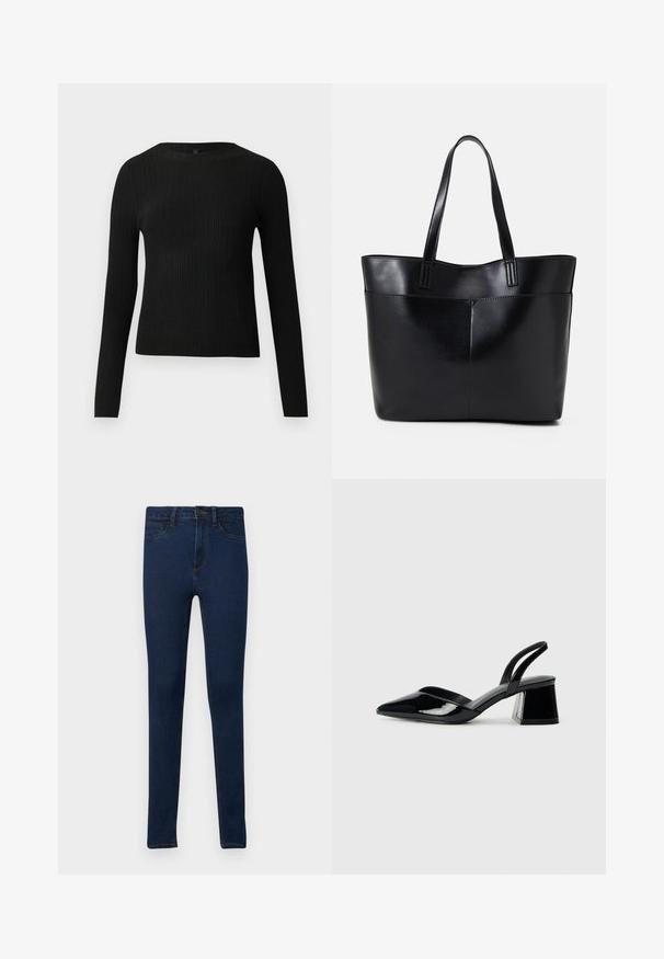 Juoda dryžuota ilga rankovė prigludusi megztinis su apvalia iškirpte, pateiktas prieš paprastą šviesią fono.; Lieknos džinsai tamsiai mėlynos spalvos, su lygiu paviršiumi, turintys klasikinį penkių kišenių dizainą ir kontrastingą auksinę siūlę.; Juodos lakuotos odinės šlepetės su smailiu pirštu ir geometriniu bloko kulnu. Turi elegantišką, minimalistinį dizainą ir lygų paviršių.; Juoda odinė rankinė su dviem ilgais diržais, lygiu paviršiumi ir struktūrizuota forma. Yra priekinė kišenė papildomam saugojimui.