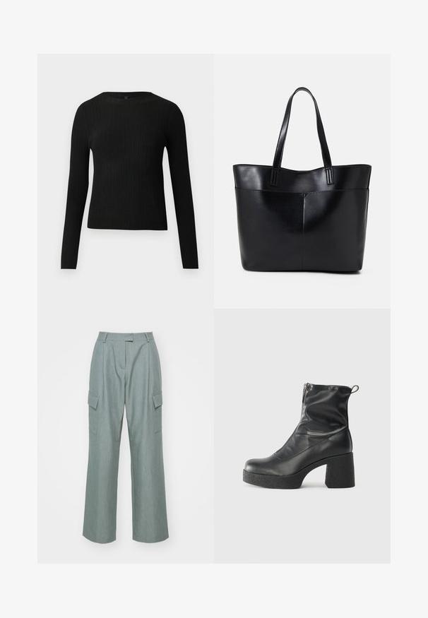 Juoda dryžuota ilga rankovė prigludusi megztinis su apvalia iškirpte, pateiktas prieš paprastą šviesią fono.; Šviesiai žali plati šortai su kišenėmis turi dvi šonines kišenes, plokščią priekį ir lygų paviršių, sukurtus patogiam dėvėjimui.; Juodos kulkšninių botai, pagaminti iš lygaus odos, su šoniniu užtrauktuku, masyviu tekstūruotu kulnu ir apvaliu pirštu.; Juoda odinė rankinė su dviem ilgais diržais, lygiu paviršiumi ir struktūrizuota forma. Yra priekinė kišenė papildomam saugojimui.