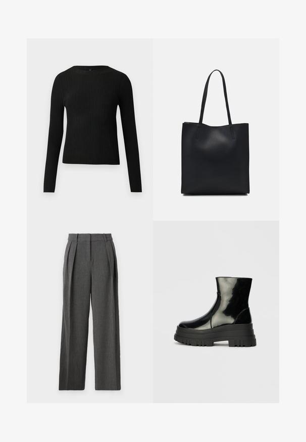 Fekete bordázott, hosszú ujjas, testhez simuló pulóver kerek nyakkivágással, világos, egyszínű háttér előtt kiemelve.; Széles szárú nadrág sötétszürke anyagból, textúrált felülettel. Tűzött redők és magas derék jellemzi, amely az elegáns megjelenést segíti.; Fekete fényes boka csizma vastag bordázott talppal és kerek orral, oldalnézet világos szürke háttér előtt.; Fekete bőrtáska sima felszínnel, téglalap alakú, két hosszú füllel. Nincs látható fémkiegészítő vagy díszítés.
