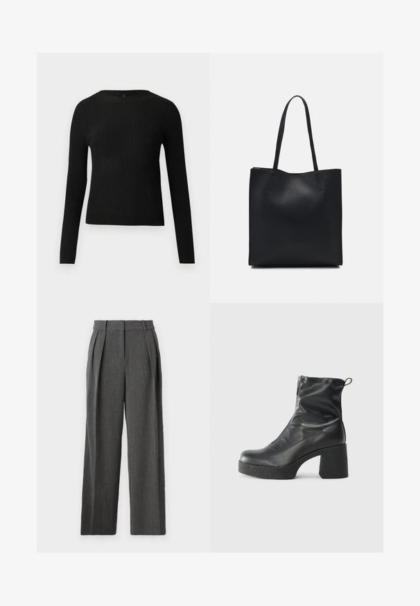 Fekete bordázott, hosszú ujjas, testhez simuló pulóver kerek nyakkivágással, világos, egyszínű háttér előtt kiemelve.; Széles szárú nadrág sötétszürke anyagból, textúrált felülettel. Tűzött redők és magas derék jellemzi, amely az elegáns megjelenést segíti.; Fekete bokacsizmák sima bőrből, oldalsó cipzárral, vastag, texturált sarkú és lekerekített orrú dizájnnal.; Fekete bőrtáska sima felszínnel, téglalap alakú, két hosszú füllel. Nincs látható fémkiegészítő vagy díszítés.