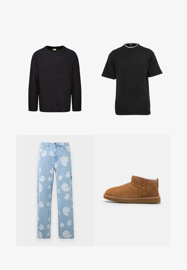 Tamsiai pilkas megztinis su iškilnia tekstūra, apvalia apykakle ir ilgomis rankovėmis. Paprastas dizainas be matomų raštų ar akcentų.; Juodas medvilninis marškinėliai trumpomis rankovėmis, apvalia iškirpte ir kontrastinga balta apdaila aplink apykaklę ir rankovių kraštus.; Šviesiai mėlynos džinsinio audinio kelnės su baltomis spiralėmis kriauklių raštais, tiesaus kirpimo, priekinėmis kišenėmis ir diržo kilpomis.; Šviesiai rudos nubuko aulinukai iki kulkšnies su apvaliu pirštu, subtiliomis siuvimo detalėmis ir tekstūruota guma padanga. Žemas aukštis be raištelių.