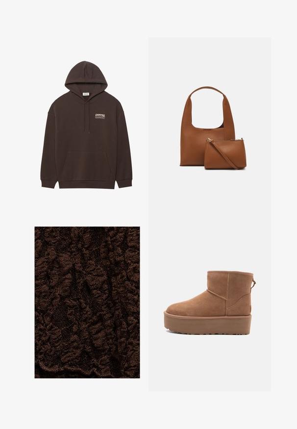 Brązowa bluza z kapturem, wykonana z bawełny, z przednią kieszenią, regulowanym kapturem oraz napisem "COFFEE HARMONY" w jasnym kolorze na klatce piersiowej.; Teksturowana brązowa tkanina z pomarszczonym wzorem, charakteryzująca się miękką, puszystą powierzchnią i różną głębokością, odpowiednia do odzieży lub tekstyliów domowych.; Beżowe zamszowe botki za kostkę z platformą, zaokrąglonym noskiem i akcentami w postaci przeszyć; posiadają pętelkę z tyłu dla ułatwienia zakładania.; Brązowa syntetyczna torebka z zakrzywionym uchwytem i gładką fakturą. Zawiera pasującą małą saszetkę z zamkiem błyskawicznym. Minimalistyczny design.