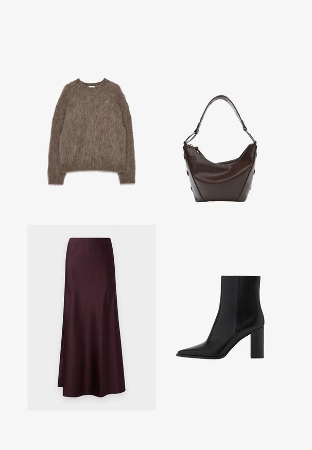 Hnedý chlpatý sveter, dlhé rukávy, okrúhly výstrih, voľný strih, mäkká textúra s chundelatým vzhľadom, žiadne viditeľné kovanie ani akcenty.; Burgundská saténová midi sukňa s hladkou textúrou, priliehavým pásom a splývavým lemom, so bočným rozparkom pre pohodlný pohyb.; Čierna kožená členková čižma s špicatou špičkou, štvorcovým podpätkom, hladkou textúrou a šitými detailmi pozdĺž švov. Výška podpätkov je približne 3,5 palca.; Tmavo hnedá kožená kabelka s zakriveným tvarom, so zipsom a krátkym uchom. Obsahuje kovové súčiastky a dekoratívne čierne gombíky na boku.