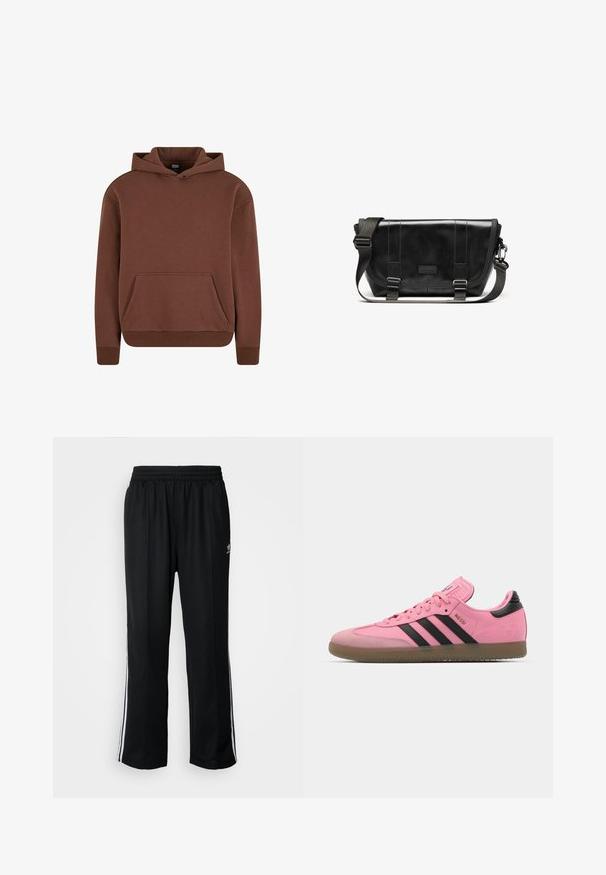 Bruine hoodie gemaakt van een zachte stof, met een kangaroezak, ribgebreide boorden en een ontspannen pasvorm.; Witte T-shirt met korte mouwen van zacht katoen, met een ronde halslijn en een ontspannen pasvorm met rechte zoom. Geen patronen of accenten zichtbaar.; Zwarte sportbroeken met een elastische tailleband, voorzien van witte zijkanten en een klein logo. Het materiaal lijkt zacht en lichtgewicht te zijn.; Roze sport schoenen met zwarte strepen en accenten. Bevatten een gestructureerde bovenkant, ronde neus en een rubberen zool. Vetersysteem met gewatteerde tong.; Zwarte schoudertas gemaakt van duurzaam materiaal, met flapsluiting, verstelbare schouderriem en logo detail aan de voorkant.