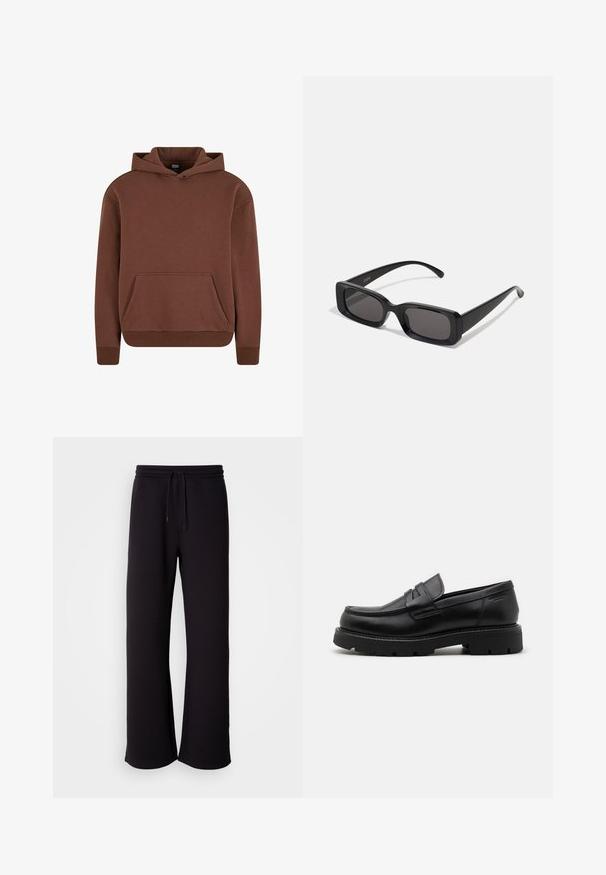 Brun huva sweatshirt gjord av mjukt tyg, med en kängeruficka, ribbade ärmslut och en avslappnad passform.; Vit kortärmad T-shirt gjord av mjuk bomull, med rund halsringning och avslappnad passform med rak fåll. Inga mönster eller detaljer synliga.; Svarta joggingsbyxor i mjukt material, med dragsko i midjan, löst snitt och raka ben. Minimalistisk stil utan mönster.; Svarta läder loafers med rund tå, texturerade detaljer fram och en kraftig gummisula med spår för bättre grepp.; Svarta rektangulära solglasögon med mörka linser, glänsande yta, breda skalmar och en gedigen ramdesign. Graverat märke på ena skalmen.