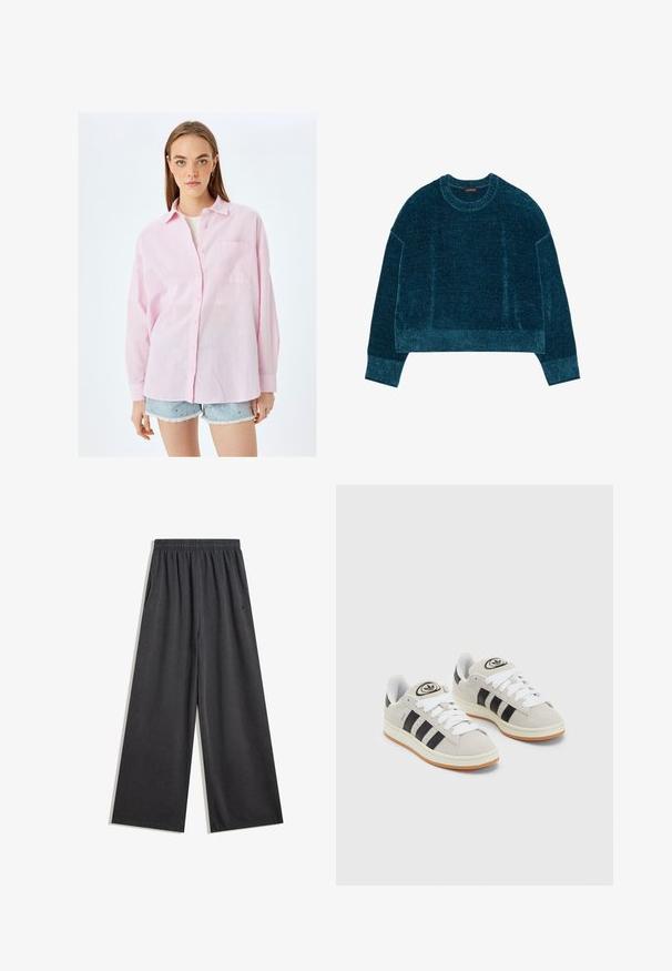 Turkoskortad tröja med strukturerad yta, ribbad rund hals och långa ärmar. Mjuk tygkvalitet med en avslappnad passform och enfärgad design.; Ljusrosa skjorta med knappar i avslappnad passform, med bröstficka, långa ärmar och en texturerad linne-liknande tyg.; Breda svarta byxor i mjukt tyg, med elastisk midja och sidofickor. Slät yta med rena sömmar.; Grå mocka sneakers med vita snören, svarta ränder och en vit gummisula. Har en rund logo på tungan och en gummisula.