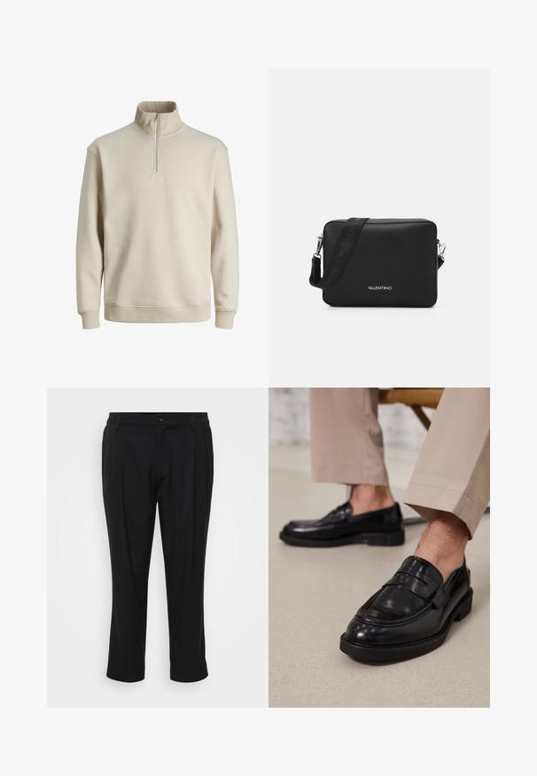 Sweatshirt zippé beige clair avec col montant, poignets et ourlet côtelés. Texture douce et design décontracté, sans motifs ni accents.; Pantalon noir ajusté avec un design à jambe droite. Fabriqué dans un tissu lisse, avec une fermeture à bouton et deux poches avant.; Mocassins en cuir noir avec une finition lisse, ornés d'une sangle décorative et de coutures contrastées, associés à un pantalon beige.; Sac bandoulière rectangulaire noir en matériau texturé, avec un fermoir en métal argenté et une sangle réglable de marque.