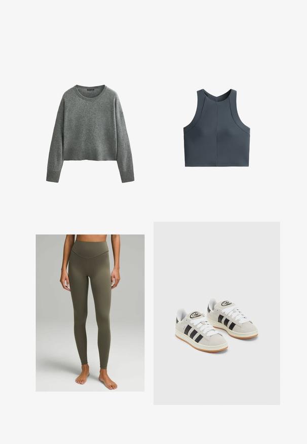Maglione grigio corto realizzato in morbido materiale a maglia. Presenta un collo rotondo e maniche lunghe con polsini e orlo a costine. Nessun motivo visibile.; Cropped top grigio con texture a coste, design senza maniche e scollatura rotonda, con dettagli delle cuciture per una vestibilità strutturata.; Leggings a vita alta di colore verde oliva, realizzati in un tessuto morbido e elasticizzato. Presentano un design aderente con una cucitura sottile lungo la vita.; Sneakers in suede grigio con lacci bianchi, strisce nere e suola in gomma bianca. Presentano un logo circolare sulla linguetta e una suola in gomma.