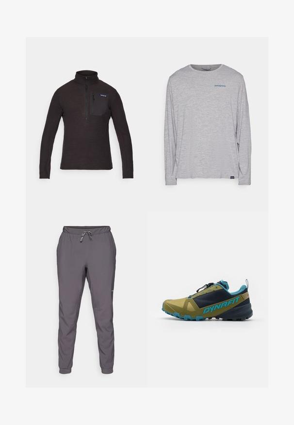 Must must särk kõrge kraega, poole tõmbe eest ja lukuga rinnakotiga. Omab tekstuuri mustrit ja pikki varrukaid.; Heledhalli pikkade varrukatega t-särk, mis on valmistatud pehmest, tekstureeritud kangast. Omab ümberkaela lõiget ja väikest sinist Patagonia logo rinna peal.; Hallid hallid, kergekaalulised, elastse vöökohtadega püksid, mis on varustatud reguleeritava nööriga; kitsenevad jalad; sile tekstuur; sisaldab logo detaili küljel.; Olive rohelises ja tumesinises trail jooksujalats, millel on tekstureeritud pealis, sinised aktsendid, turvaline nööbisüsteem ja robustne välistald, mis tagab haarde.
