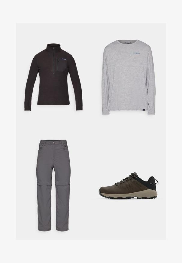 Melna vilnas džemperis ar augstu apkakli, pusceļa rāvējslēdzēju priekšpusē un kabatu ar rāvējslēdzēju krūtīs. Iezīmē teksturētu rakstu un garas piedurknes.; Gaiši pelēks garām piedurknēm t-krekls, izgatavots no mīksta, teksturēta auduma. Ar apaļu izgriezumu un nelielu zilu Patagonia logotipu uz krūtīm.; Pelēkas noņemamas bikses ar gludu tekstūru, kurām ir pogu aizdare, priekšējās kabatas un regulējami piedurknes, lai nodrošinātu daudzveidīgu stilu.; Brūni ūdensnecaurlaidīgi sporta apavi ar teksturētu virsu, perforētiem akcentiem, melnu papēža atbalstu un pelēku gumijas zoli. Šņores veidotas ar metāliskiem galiem.
