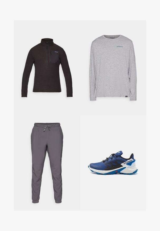 Must must särk kõrge kraega, poole tõmbe eest ja lukuga rinnakotiga. Omab tekstuuri mustrit ja pikki varrukaid.; Heledhalli pikkade varrukatega t-särk, mis on valmistatud pehmest, tekstureeritud kangast. Omab ümberkaela lõiget ja väikest sinist Patagonia logo rinna peal.; Hallid hallid, kergekaalulised, elastse vöökohtadega püksid, mis on varustatud reguleeritava nööriga; kitsenevad jalad; sile tekstuur; sisaldab logo detaili küljel.; Sinine jooksujalanõud tekstureeritud pealispinnaga, mustade aktsentidega ja valge vaheosaga. Omab kiiret sidumissüsteemi ja rugged sinist välispinda.