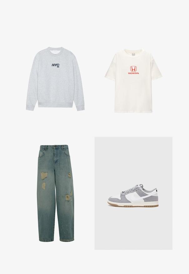 Sivi dukserica izrađena od mješavine pamuka. Ima okrugli izrez i duge rukave. Logo "NYC 86" se pojavljuje u tamnoplavoj boji na prednjoj strani. Jednostavan dizajn.; Bijela pamučna majica s kratkim rukavima. Na sredini se nalazi crveni logo "HONDA" iznad pravokutnog emblema. Jednostavan, klasičan dizajn.; Svijetloplave traperice s ležernim krojem, koje sadrže nekoliko izlizane zakrpe i poderane rubove. Klasičan dizajn s pet džepova.; Sivi i bijeli tenisice s gornjištem od antilopa i kože, okruglim vrhom, ravnim vezicama i gumenim potplatom s dodatkom boje gume.