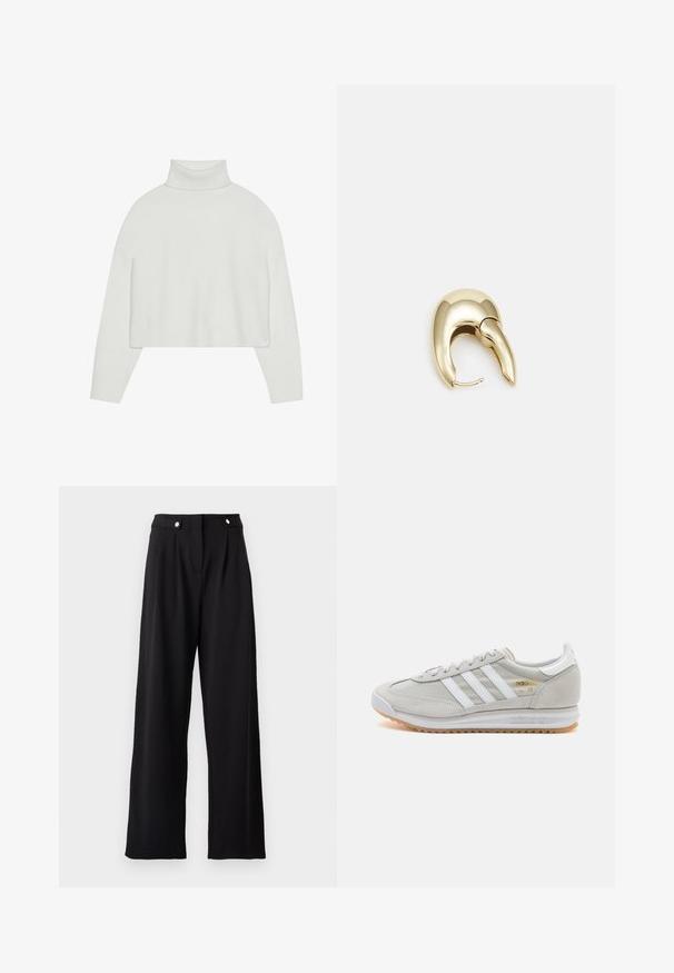 Balta trumpa turtlenecko tipo megztinis su susuktais rankogaliais ir apatiniu kraštu. Švelni tekstūra, plačios rankovės ir be siūlių dizainas gale.; Juodos plačios kelnės su lygiu paviršiumi, turinčios aukštą liemenį, priekinės klostės ir metaliniai mygtukų akcentai.; Šviesiai pilki sportbačiai, pagaminti iš zomšos ir tinklinės medžiagos, su trimis baltais dryžiais, apvaliu pirštu ir guma padu. Auksinė logotipo detalė šalia raištelių.; Aukso tono metalinės auskarai su stilingu, kreiviu dizainu. Išsiskiria ryškiu smailiu pavidalu, poliruota paviršiumi ir užsegimu su vyriu.