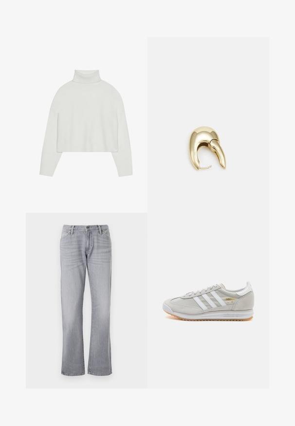 Bela skrajšana turtleneck pulover s reberčastimi manšetami in robom. Mehak material, široki rokavi in brezšivna zasnova na hrbtu.; Wrangler RISE COWBOY - Ravne kavbojke - haute haze; Svetlo sivi tenisice od antilopa i mrežaste tkanine, s tri bijele pruge, okruglim vrhom i gumenim potplatom. Zlatni logo akcent blizu vezica.; Uhane nakit iz zlatastega tona z gladko, ukrivljeno zasnovo. Ima edinstveno koničasto obliko, polirano površino in zaponko s tečajem.