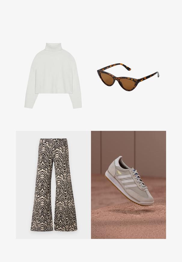 Maglione bianco a collo alto corto con polsini e orlo a costine. Tessuto morbido, maniche ampie e design senza cuciture sul retro.; Pantaloni a gamba larga realizzati in tessuto con una fantasia a zebra beige e nera, caratterizzati da una vita alta e un design tradizionale a cinque tasche.; Sneakers beige con tomaia in pelle scamosciata e mesh, tre strisce bianche, suola in gomma color caramello, lacci blu e logo con accento dorato. Design classico e retrò.; Occhiali da sole cat-eye con una montatura tartarugata nera e arancione, lenti marroni e punte affusolate e eleganti. Presentano un logo minimale sulla asta.