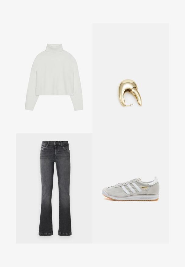 Fehér, rövidített garbó pulóver bordázott mandzsettákkal és szegéllyel. Puha tapintású, széles ujjú, és zökkenőmentes kialakítás a hátsó részen.; Fellépett fekete farmer közepes súlyú denim anyagból. Öt zsebes kialakítás, enyhe kopott mosással és kontrasztos varrással az illesztések mentén.; Világosszürke sportcipő velúr és hálós anyagból, három fehér csíkkal, kerek orral és gumi talppal. Arany logó dísz a fűzők közelében.; Aranyszínű fém fülbevaló, elegáns, ívelt formával. Különleges hegyes alak, fényes felszín és zsanéros záródás jellemzi.