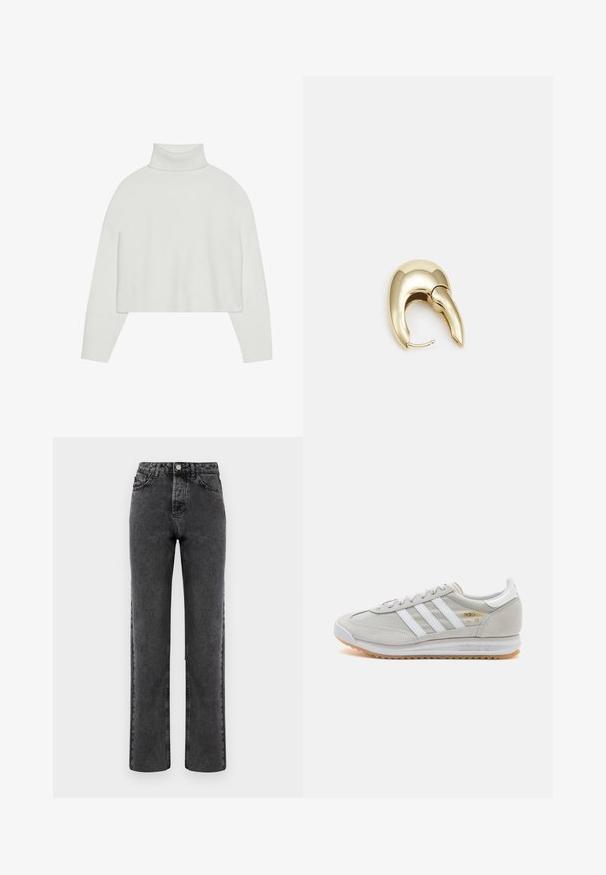 Suéter corto blanco de cuello alto con puños y dobladillo de canalé. Textura suave, mangas anchas y diseño sin costuras en la parte posterior.; Jeans gris de mezclilla de pierna recta con un acabado descolorido, diseño de cinco bolsillos y cierre con botón. Presenta costuras clásicas a lo largo de las costuras.; Zapatilla de color gris claro hecha de ante y malla, con tres franjas blancas, punta redonda y suela de goma. Acento en logo dorado cerca de los cordones.; Pendiente de metal en tono dorado con un diseño elegante y curvado. Presenta una forma puntiaguda distintiva, superficie pulida y cierre de bisagra.