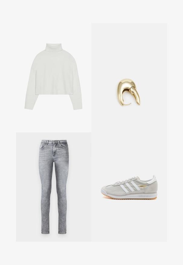 Biely skrátený rolák s rebrovanými manžetami a spodným okrajom. Mäkká textúra, široké rukávy a bezšvový dizajn na chrbte.; Sivé džíny skinny s vysokým pásom, piatimi vreckami a jemným vyblednutím po celom povrchu. Obsahuje zips a gombíkový uzáver.; Svetlosivé tenisky vyrobené z kože a sieťoviny, s tromi bielymi pruhmi, okrúhlou špičkou a gumovou podrážkou. Zlatý logový akcent pri šnúrkach.; Náušnice z kovu v zlatej farbe s elegantným, zakriveným dizajnom. Majú charakteristický špicatý tvar, leštený povrch a uzáver na pánt.