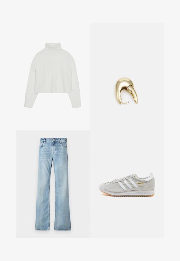 Valge lühendatud kõrge kaelaga sviiter ribatud varruka- ja alläärtega. Pehme tekstuur, laiad varrukad ja õmblusteta disain taga.; Heledad sinine lahja teksad, mis on valmistatud denimist, viie taskuga, nööpkinnitus ja kerge äärisefadeerimisega kulunud efekti saavutamiseks.; Heled hallid tossud, mis on valmistatud nubukist ja võrgust, millel on kolm valget triipu, ümmargune varvas ja kummist tald. Kuldne logoelement paelte lähedal.; Kuldtooni metallist kõrvarõngas, millel on elegantne ja kaarjas disain. Omab silmapaistvat teravat kuju, poleeritud pinda ja hingesulgemist.