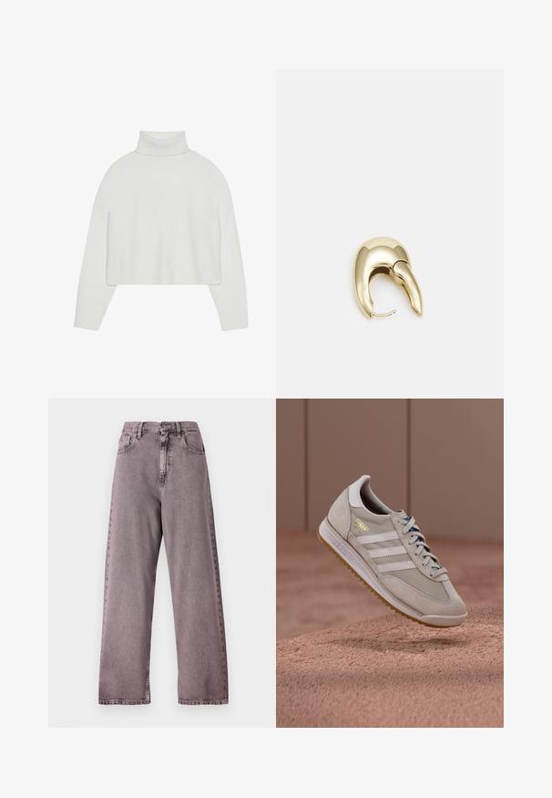 Vit kortärmad polotröja med ribbade ärmslut och nederkant. Mjuk textur, breda ärmar och sömlös design på baksidan.; Höga, vida jeans i ljuslila denim, med knappstängning, fem fickor och subtila blekningar vid sömmarna.; Beige sneakers med ovandel i mocka och mesh, vita tre ränder, sula i gummiben, blå skosnören och guldig logotypaccent. Klassisk retrodesign.; Örhänge i guldtonad metall med en elegant, böjd design. Har en distinkt spetsig form, polerad yta och gångjärnslås.