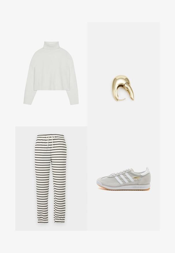 Bela skrajšana turtleneck pulover s reberčastimi manšetami in robom. Mehak material, široki rokavi in brezšivna zasnova na hrbtu.; Črtaste hlače iz mehkega materiala, z vodoravnimi črnimi črtami na kremnem ozadju. Elastičen pas z vrvico in zoženi manšeti.; Svetlo sivi tenisice od antilopa i mrežaste tkanine, s tri bijele pruge, okruglim vrhom i gumenim potplatom. Zlatni logo akcent blizu vezica.; Uhane nakit iz zlatastega tona z gladko, ukrivljeno zasnovo. Ima edinstveno koničasto obliko, polirano površino in zaponko s tečajem.