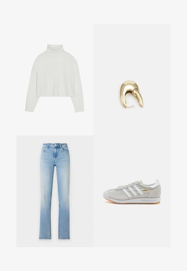 Biely skrátený rolák s rebrovanými manžetami a spodným okrajom. Mäkká textúra, široké rukávy a bezšvový dizajn na chrbte.; Svetlomodré džínsy s vysokým pásom, rovnými nohavicami a jemným zosvetlením. Obsahujú päť vreciek a pútka na opasok.; Svetlosivé tenisky vyrobené z kože a sieťoviny, s tromi bielymi pruhmi, okrúhlou špičkou a gumovou podrážkou. Zlatý logový akcent pri šnúrkach.; Náušnice z kovu v zlatej farbe s elegantným, zakriveným dizajnom. Majú charakteristický špicatý tvar, leštený povrch a uzáver na pánt.