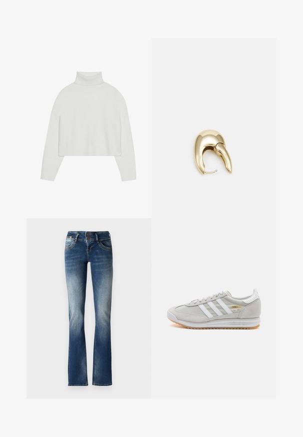 Bijela skraćena turtleneck pulover s rebrastim manžetama i rubom. Mekana tekstura, široke rukave i bešavni dizajn na leđima.; Plave traperice s lepršavim nogavicama, blago izblijedjele, s zatvaranjem na dva gumba i ukrasnim šavovima na prednjim džepovima.; Svijetlosivi tenisice od antilopa i mrežice, s tri bijele pruge, okruglim vrhom i gumenom potplatom. Zlatni logo akcent blizu vezica.; Zlatne metalne naušnice s elegantnim, zakrivljenim dizajnom. Imaju karakterističan šiljast oblik, poliranu površinu i zatvaranje na šarku.