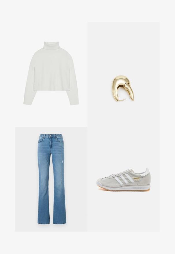 Witte korte turtleneck trui met geribbelde cuffs en zoom. Zachte textuur, wijde mouwen en naadloos ontwerp op de rug.; Lichtblauwe flared jeans van denim, met een hoge taille, vijf zakken en subtiele versleten details op de benen.; Lichtgrijze sneaker van suede en mesh, met drie witte strepen, ronde neus en een gumrubberen zool. Gouden logo-accent bij de veters.; Gouden metalen oorbel met een slank, gebogen ontwerp. Beschikt over een kenmerkende puntige vorm, gepolijste oppervlakte en scharnier sluiting.