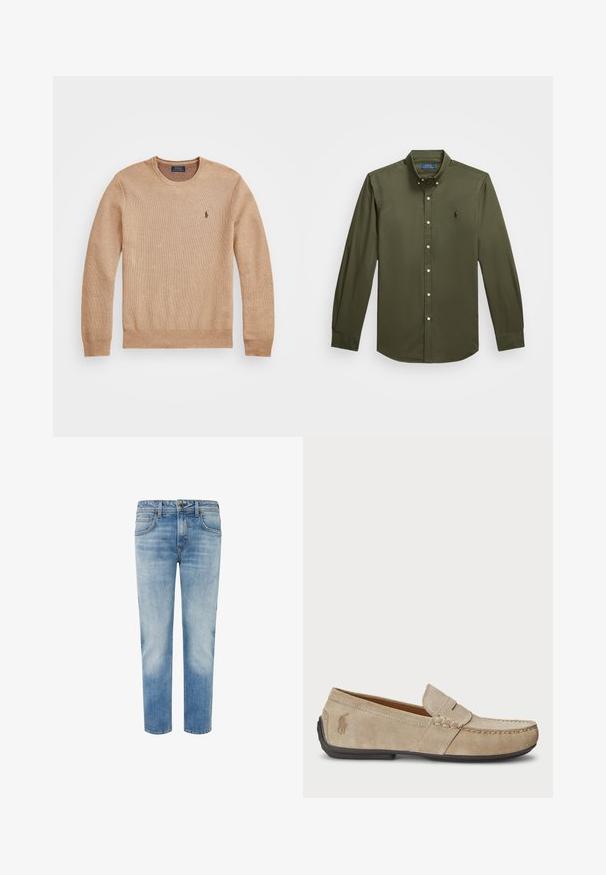 Vaahtokarkkien värinen neulepusero, jossa on pyöreä kaula-aukko, ribbatut hihansuut ja helma sekä pieni brodeerattu logo vasemmassa rinnassa.; Oliivinvihreä pitkähihaista nappipaitaa. Kauluskangas, jossa on hillitty kirjailtu logo ja tavanomainen nappisulku edessä.; Vaaleansiniset farkut suoran lahkeiden muotoilulla, joissa on kaksi etutaskua, napitus ja erottuvat ompeluyksityiskohdat.; Beige mokasíny z semišu s prešívaním, plochou gumovou podrážkou a malým logom na boku. Klasický dizajn na obutie, jemná textúra.